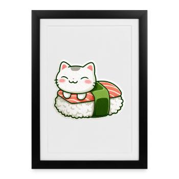 Kawaii Sushi Cat en Roll - Affiche encadrée (27 × 37 cm) - noir - Devant
