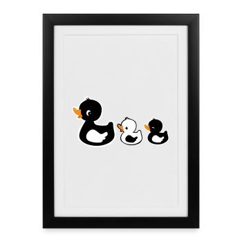 Entenfamilie - Mama mit Entenküken schwarz-weiß - Gerahmtes Poster (27 × 37 cm) - Schwarz - Vorne