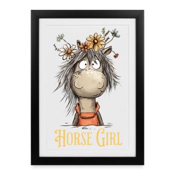 Cheval fille cheval avec des fleurs sauvages cheval disant - Affiche encadrée (27 × 37 cm) - noir - Devant
