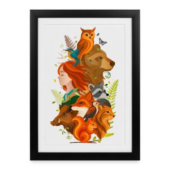 Fille avec des animaux – Harmonie de l’homme et de la nature - Affiche encadrée (27 × 37 cm) - noir - Devant