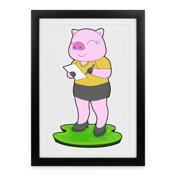Schwein Sekretärin Papier Büro - Gerahmtes Poster (27 × 37 cm) - Schwarz - Vorne
