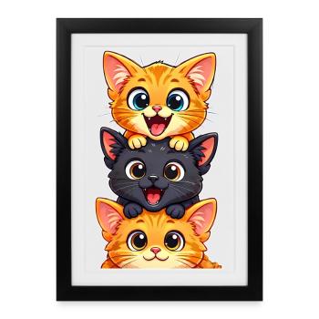 Trio de Chatons Joyeux Empilés - Affiche encadrée (27 × 37 cm) - noir - Devant