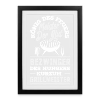 König Des Feuers Kurzum Grillmeister Lustig BBQ - Gerahmtes Poster (27 × 37 cm) - Schwarz - Vorne