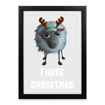 I hate Christmas Schaf - Weihnachtsmuffel Geweih - Gerahmtes Poster (27 × 37 cm) - Schwarz - Vorne