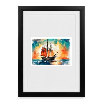 Rotes Segelschiff im Sonnenuntergang - Gerahmtes Poster (27 × 37 cm) - Schwarz - Vorne