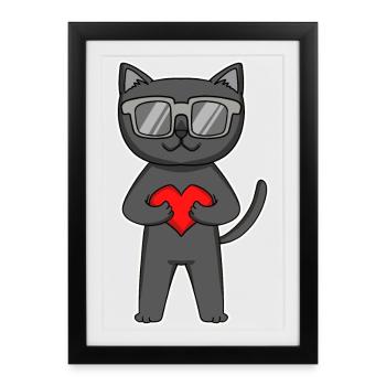 Chat Bombay avec lunettes de soleil et cœur - Affiche encadrée (27 × 37 cm) - noir - Devant