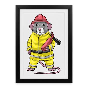 Rat Pompier Extincteur Pompier Pompier - Affiche encadrée (27 × 37 cm) - noir - Devant
