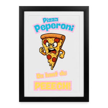 Caricature de pizza au pepperoni en colère - Affiche encadrée (27 × 37 cm) - noir - Devant
