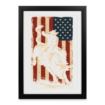 Rodéo, Cow-boy, Western, Taureau, Taureau, Drapeau des États-Unis - Affiche encadrée (27 × 37 cm) - noir - Devant