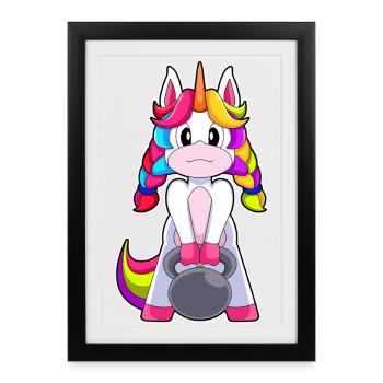 Einhorn Bodybuilder Hantel Bodybuilding - Gerahmtes Poster (27 × 37 cm) - Schwarz - Vorne