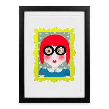 Portrait Rétro Fille aux Lunettes - Affiche encadrée (27 × 37 cm) - noir - Devant