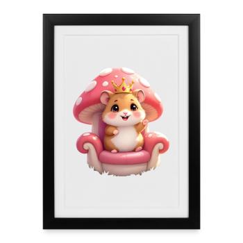 Mignon hamster avec couronne sur le trône champignon - Affiche encadrée (27 × 37 cm) - noir - Devant