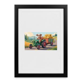 Cow on green tractor with hay wagon - Framed poster (27 × 37 cm) - black - Front