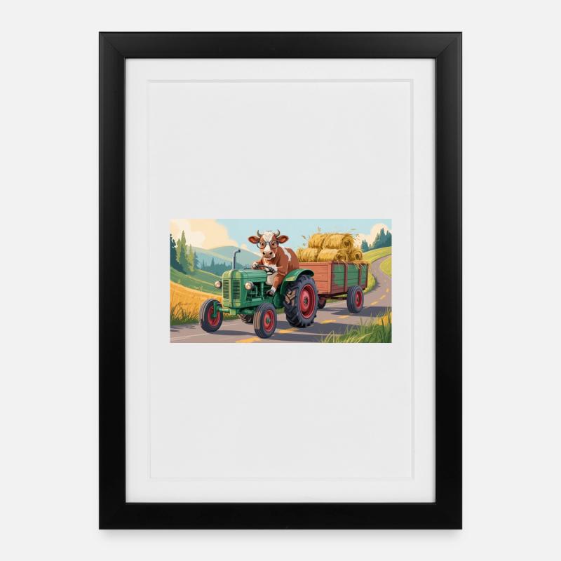 Vache sur tracteur vert avec chariot à foin - Affiche encadrée (27 × 37 cm) - noir