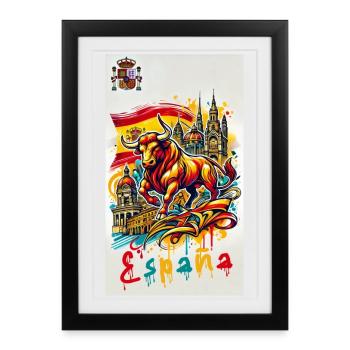 Spanien Stier Espana Flagge - Gerahmtes Poster (27 × 37 cm) - Schwarz - Vorne