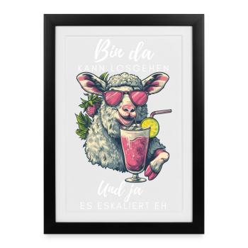 Lustiges Partyschaf – Es eskaliert eh - Gerahmtes Poster (27 × 37 cm) - Schwarz - Vorne
