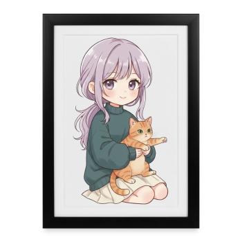 Anime Girl Cat Japan Kawaii Cat Lover - Framed poster (27 × 37 cm) - black - Front
