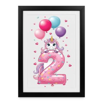 2e anniversaire de fille adorable licorne - Affiche encadrée (27 × 37 cm) - noir - Devant