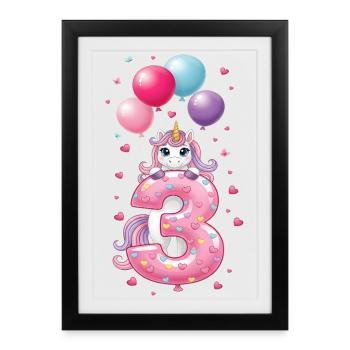 3 Years Girl Cute Unicorn 3rd Birthday - Framed poster (27 × 37 cm) - black - Front