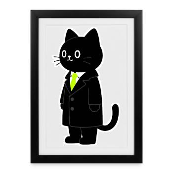 Chat de dessin animé en costume avec cravate vert fluo - Affiche encadrée (27 × 37 cm) - noir - Devant