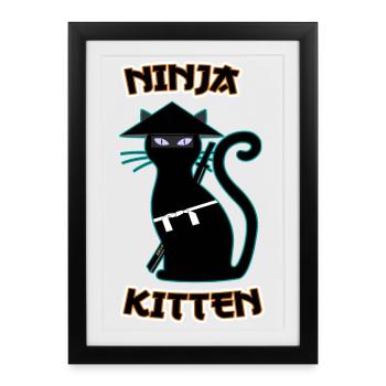 Ninja Cat Samurai Assassin Chaton Miaou - Affiche encadrée (27 × 37 cm) - noir - Devant
