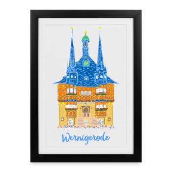 Wernigerode, mairie, maison à colombages Allemagne de l'Est - Affiche encadrée (27 × 37 cm) - noir - Devant