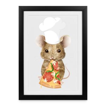 Souris en pizzaïolo avec une part de pizza - Affiche encadrée (27 × 37 cm) - noir - Devant