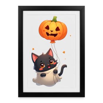 Chat d’Halloween avec citrouille d’Halloween - Affiche encadrée (27 × 37 cm) - noir - Devant