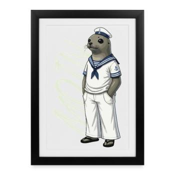 MOIN Seehund im Matrosenlook - Gerahmtes Poster (27 × 37 cm) - Schwarz - Vorne