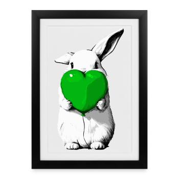 Lapin avec un ballon en cœur vert - Affiche encadrée (27 × 37 cm) - noir - Devant