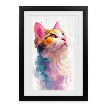 Chat aquarelle « Hope » – Chat aquarelle coloré - Affiche encadrée (27 × 37 cm) - noir - Devant
