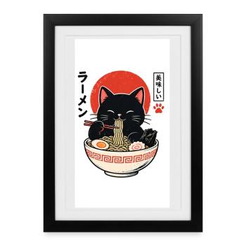 Katzenramen unter rotem Mond - Gerahmtes Poster (27 × 37 cm) - Schwarz - Vorne