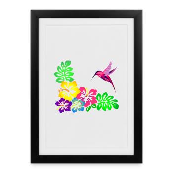 Colibri à motif tropical d’hibiscus - Affiche encadrée (27 × 37 cm) - noir - Devant