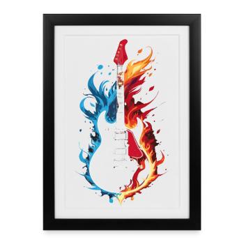 Guitare enflammée bleu orange rouge - Affiche encadrée (27 × 37 cm) - noir - Devant