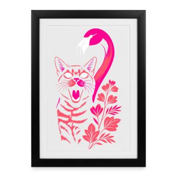 Chat tropical et flamant rose - Été 2025 - Affiche encadrée (27 × 37 cm) - noir - Devant