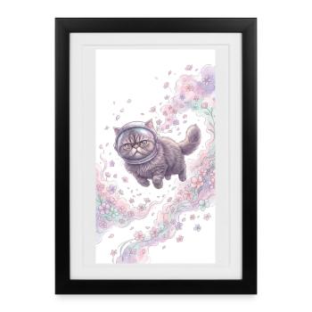 Chat de l’espace dans la magie des fleurs - Affiche encadrée (27 × 37 cm) - noir - Devant