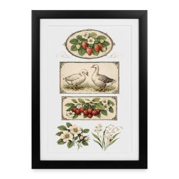 Vintage Cottagecore Botanique Oie Fraise Cerise - Affiche encadrée (27 × 37 cm) - noir - Devant