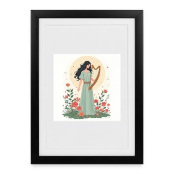Déesse de la musique avec harpe florale - Affiche encadrée (27 × 37 cm) - noir - Devant