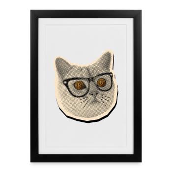 Comic Cat with Bitcoin Glasses - Framed poster (27 × 37 cm) - black - Front