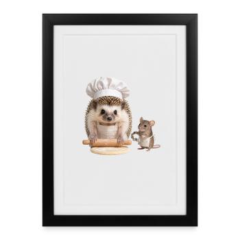 Hedgehog baker with mouse helper - Framed poster (27 × 37 cm) - black - Front