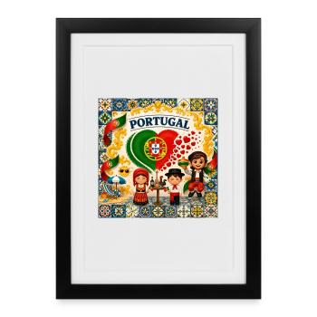 Portugal Azulejos Colorés – Design Cœur Portugais  - Affiche encadrée (27 × 37 cm) - noir - Devant