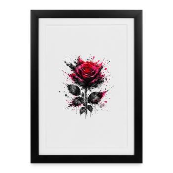 Rose rouge avec des éclaboussures d’encre - Affiche encadrée (27 × 37 cm) - noir - Devant