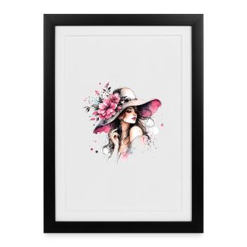 Fashion-Frau mit Blumenhut - Gerahmtes Poster (27 × 37 cm) - Schwarz - Vorne