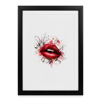 Red lips with diamonds and flowers - Framed poster (27 × 37 cm) - black - Front