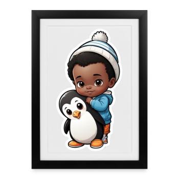 Enfant mignon avec illustration de pingouin - Affiche encadrée (27 × 37 cm) - noir - Devant
