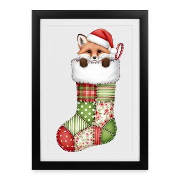 Cute cartoon fox in Christmas sock - Framed poster (27 × 37 cm) - black - Front