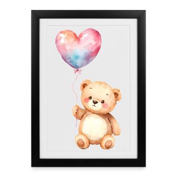 Teddy aquarelle avec ballon coeur - Affiche encadrée (27 × 37 cm) - noir - Devant