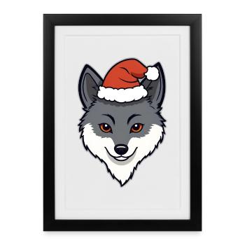 Loup de Noël Tête de dessin animé avec chapeau - Affiche encadrée (27 × 37 cm) - noir - Devant
