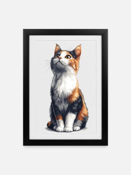 Bunte sitzende Comic Katze - Gerahmtes Poster (27 × 37 cm) - Schwarz