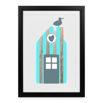 Maison de plage Rayée Mouette Mer Baltique Mer du Nord - Affiche encadrée (27 × 37 cm) - noir - Devant